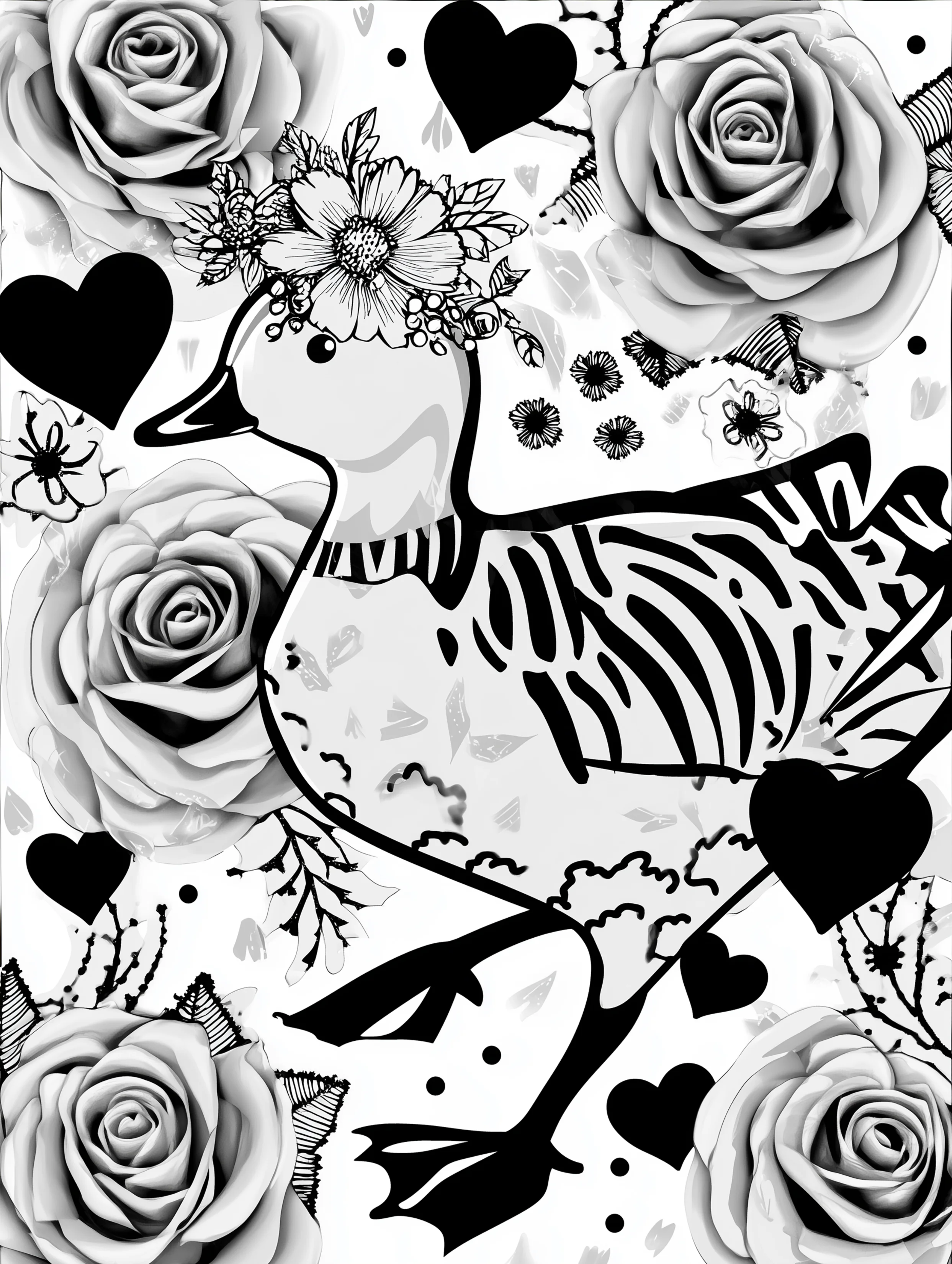 Free printable duck coloring page for adults featuring a duck wearing a flower crown